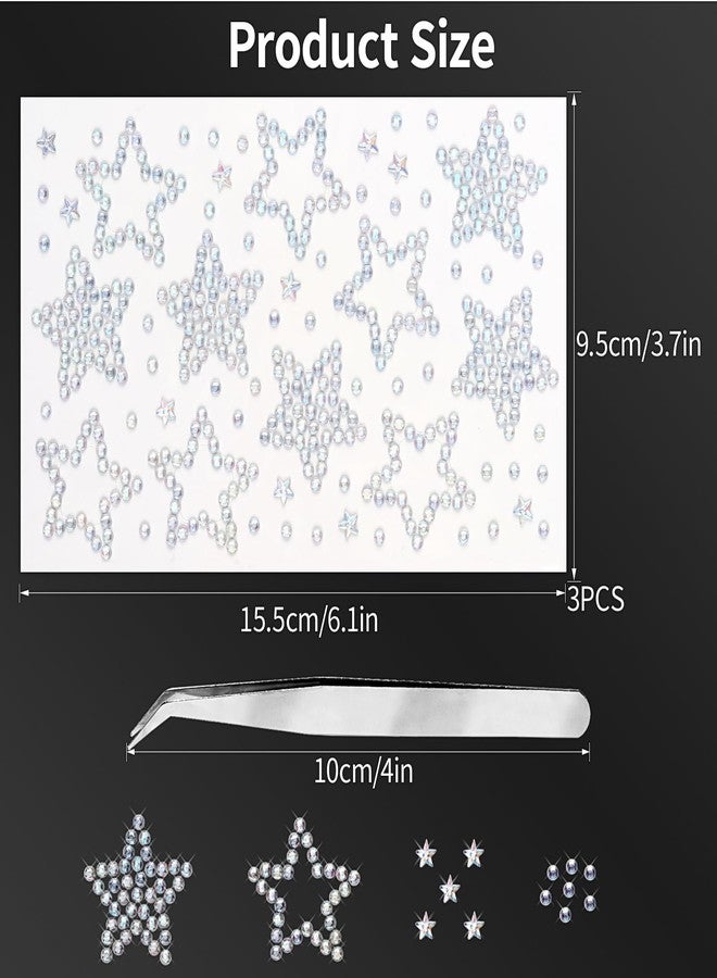 Jacnkb 3 Sheets Star Gem Stickers Self Adhesive Rhinestone Stickers Glitter Silver Star Sticker Acrylic Face Jewel Sticker Bling Hair Diamond Decals Sparkly Crystal Pearls for Body Nails Crafts Decoration - Image 2